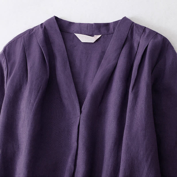 Buddha Stones Summer V Neck Drawstring Waist Floral Short Sleeve Below Knee Dress With Pockets - image 2