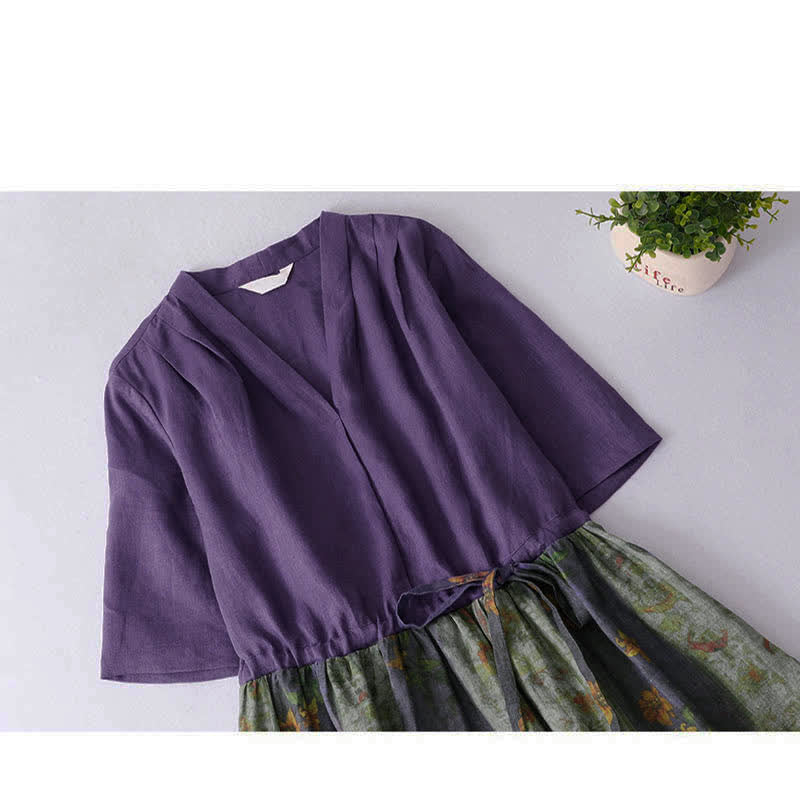 Buddha Stones Summer V Neck Drawstring Waist Floral Short Sleeve Below Knee Dress With Pockets - image 3