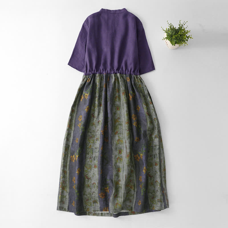 Buddha Stones Summer V Neck Drawstring Waist Floral Short Sleeve Below Knee Dress With Pockets - image 1