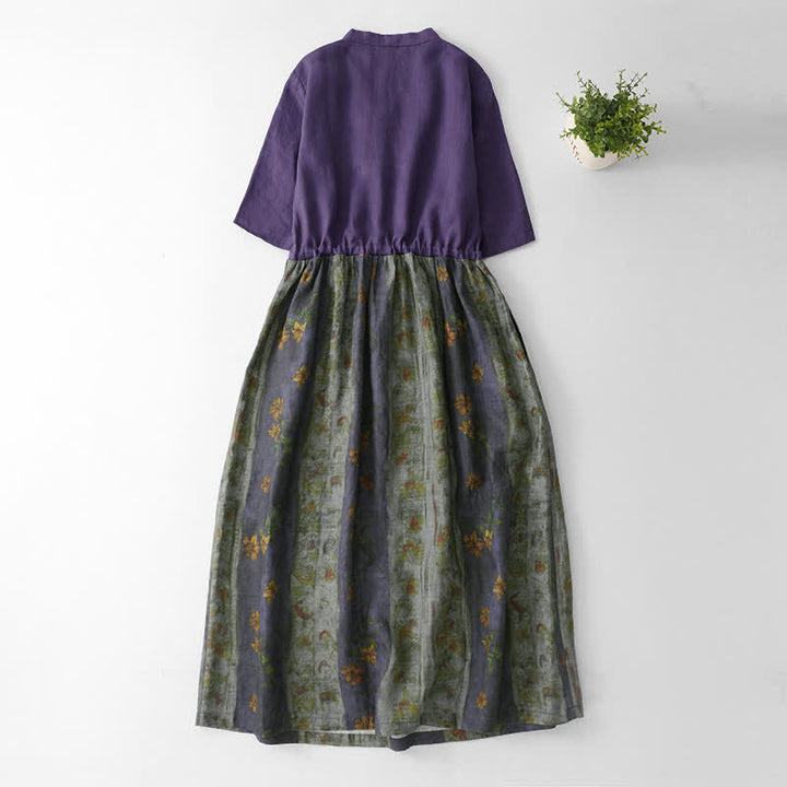 Buddha Stones Summer V Neck Drawstring Waist Floral Short Sleeve Below Knee Dress With Pockets - image 1