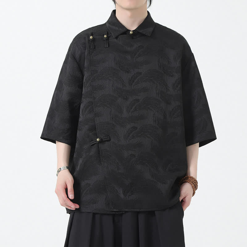 Buddha Stones Summer Mandarin Collar Textured Jacquard Men's Elbow Sleeve Shirt - image 4