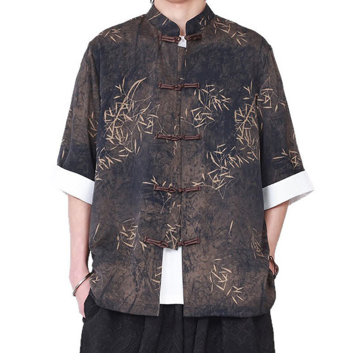 Buddha Stones Summer Bamboo Print Mandarin Collar Frog Buttons Men's Elbow-Length Sleeve Shirt - image 5