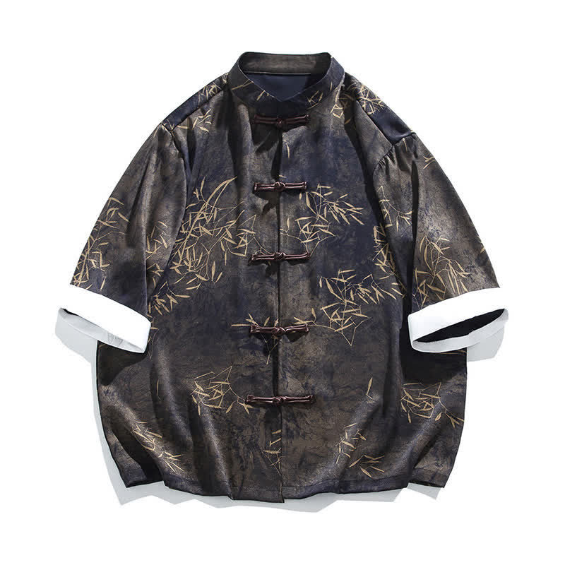 Buddha Stones Summer Bamboo Print Mandarin Collar Frog Buttons Men's Elbow-Length Sleeve Shirt - image 6
