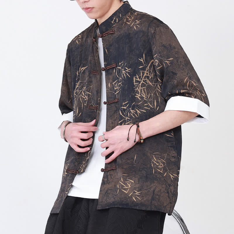 Buddha Stones Summer Bamboo Print Mandarin Collar Frog Buttons Men's Elbow-Length Sleeve Shirt - image 3