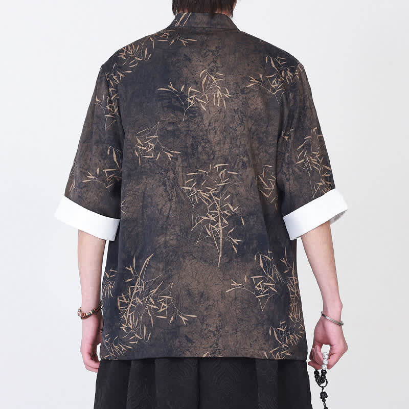 Buddha Stones Summer Bamboo Print Mandarin Collar Frog Buttons Men's Elbow-Length Sleeve Shirt - image 4