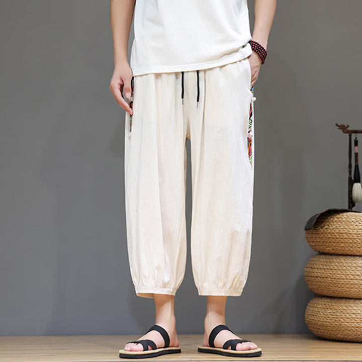 Buddha Stones Summer Tribal Side Stripe Drawstring Waist Men's Capri Tapered Pants With Pockets - image 1