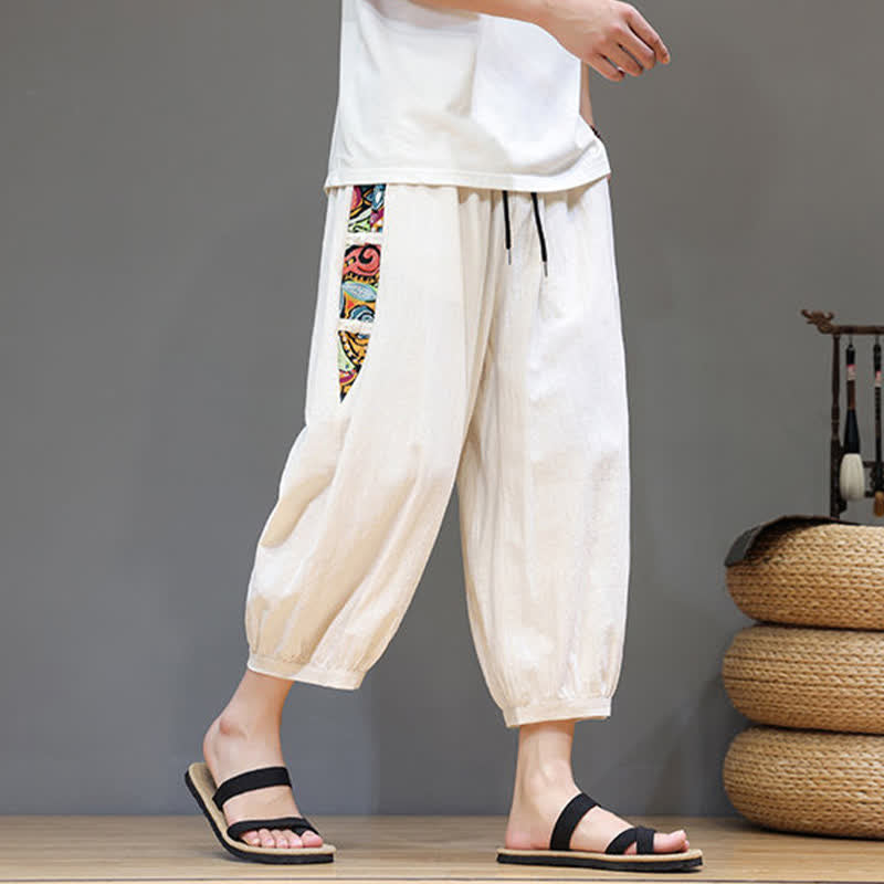 Buddha Stones Summer Tribal Side Stripe Drawstring Waist Men's Capri Tapered Pants With Pockets - image 3
