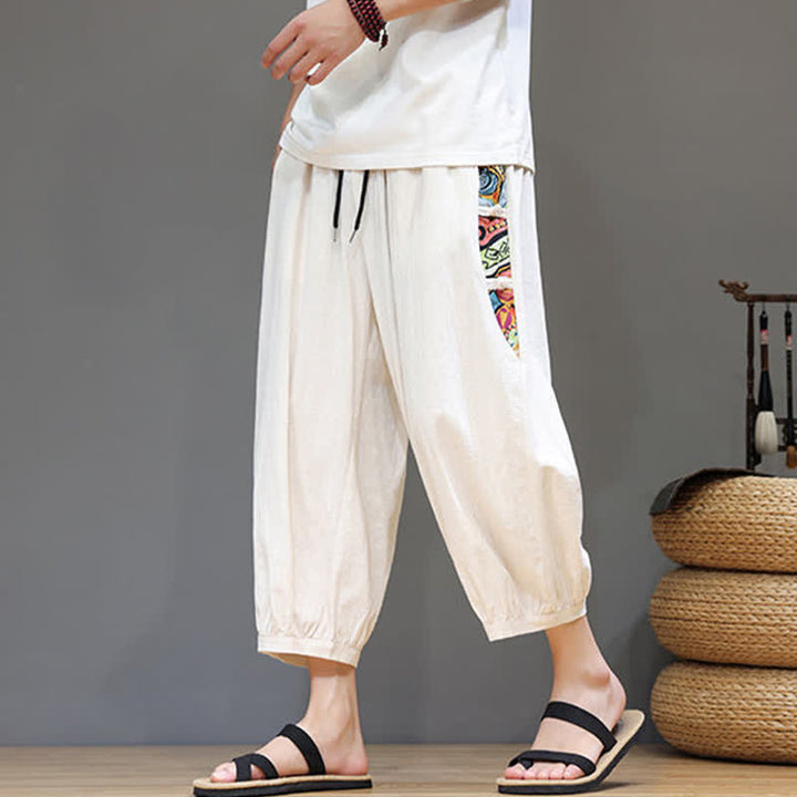 Buddha Stones Summer Tribal Side Stripe Drawstring Waist Men's Capri Tapered Pants With Pockets - Beige - US/UK/AU46，EU56 (5XL) - image 0