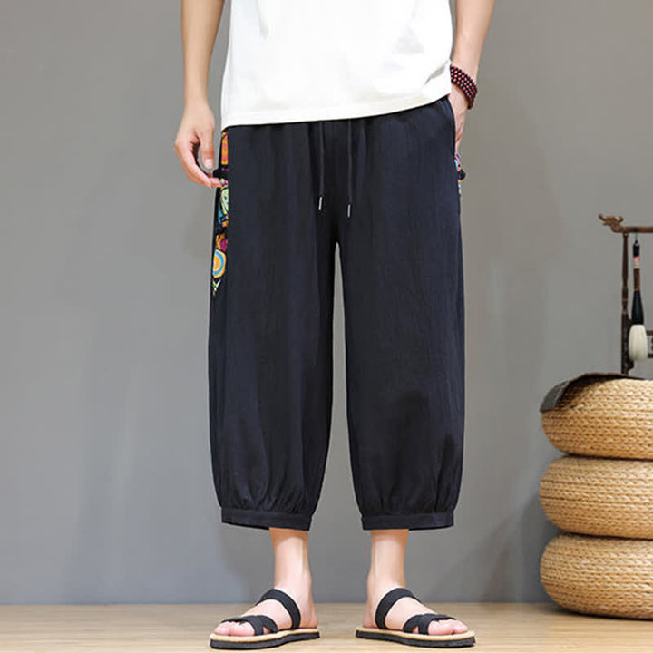 Buddha Stones Summer Tribal Side Stripe Drawstring Waist Men's Capri Tapered Pants With Pockets - image 10