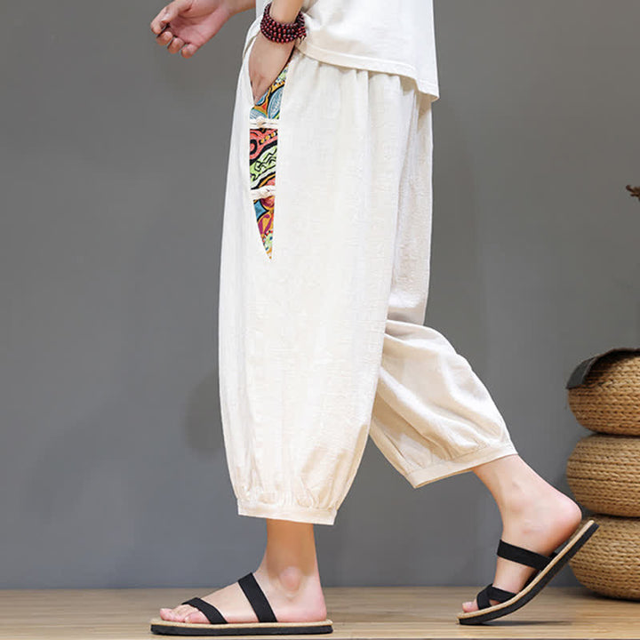Buddha Stones Summer Tribal Side Stripe Drawstring Waist Men's Capri Tapered Pants With Pockets - image 5