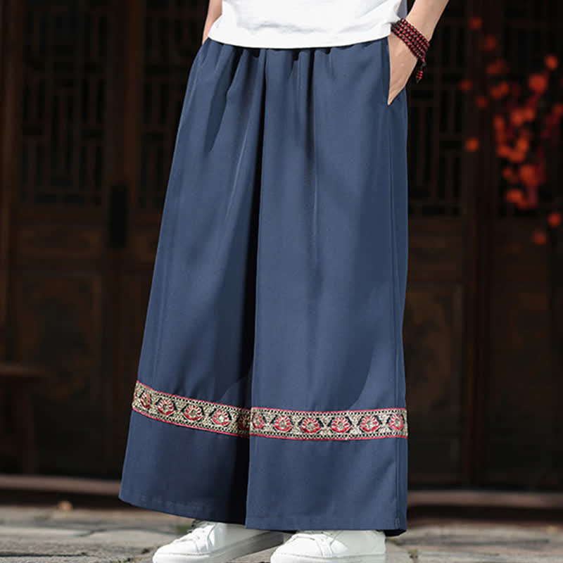 Buddha Stones Summer Cotton Embroidered Hem Elastic Waist Men's Cropped Wide Leg Pants With Pockets - image 2