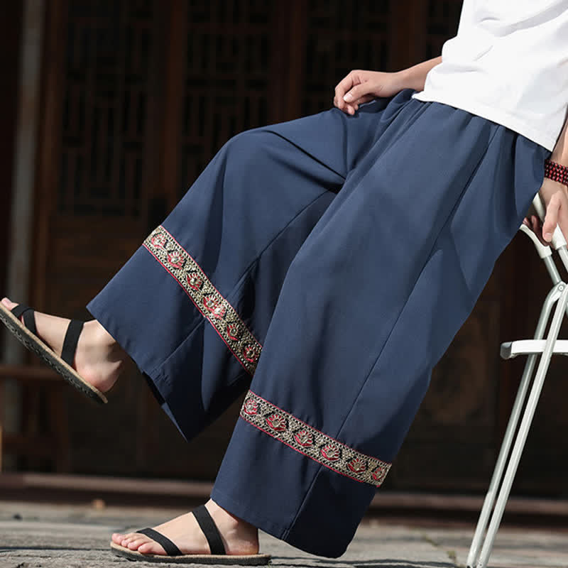 Buddha Stones Summer Cotton Embroidered Hem Elastic Waist Men's Cropped Wide Leg Pants With Pockets - image 3