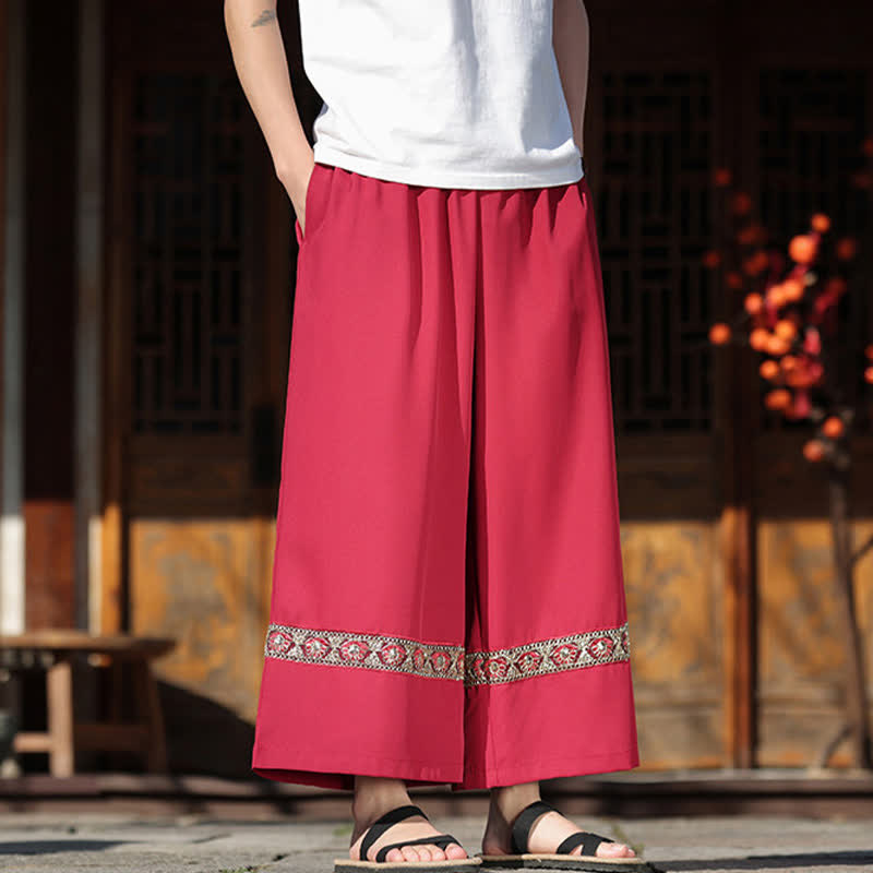 Buddha Stones Summer Cotton Embroidered Hem Elastic Waist Men's Cropped Wide Leg Pants With Pockets - image 7