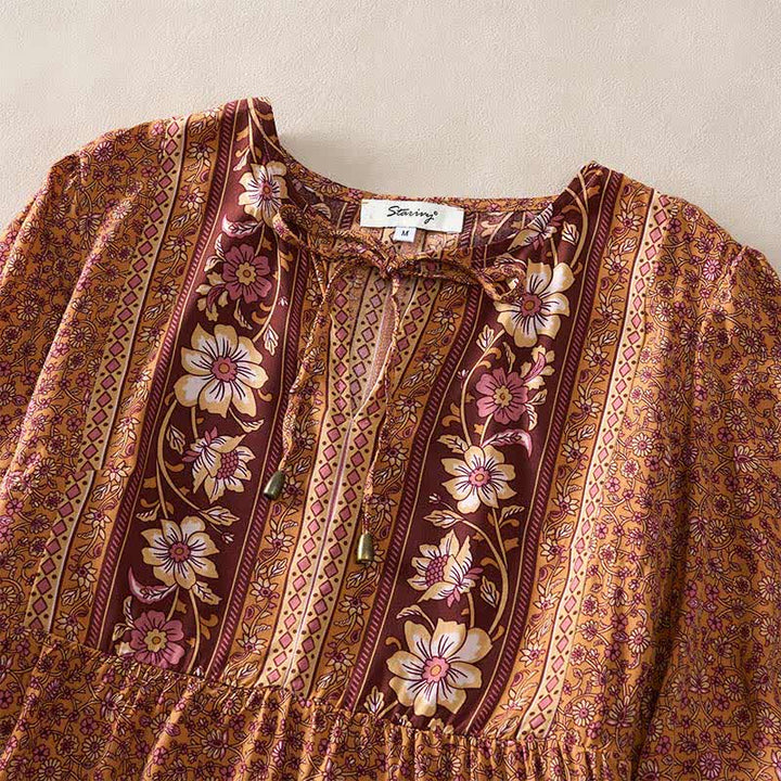 Buddha Stones Fall Boho Floral Paisley Cotton Bracelet Sleeve Women's Mini Dress with Puff Sleeves and Tie Neck - image 7