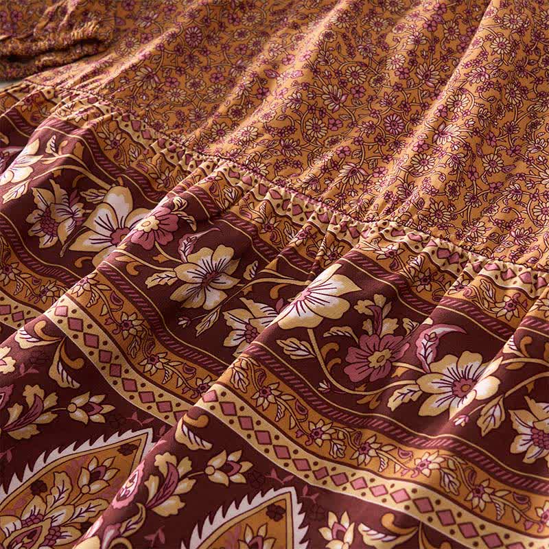 Buddha Stones Fall Boho Floral Paisley Cotton Bracelet Sleeve Women's Mini Dress with Puff Sleeves and Tie Neck - image 10