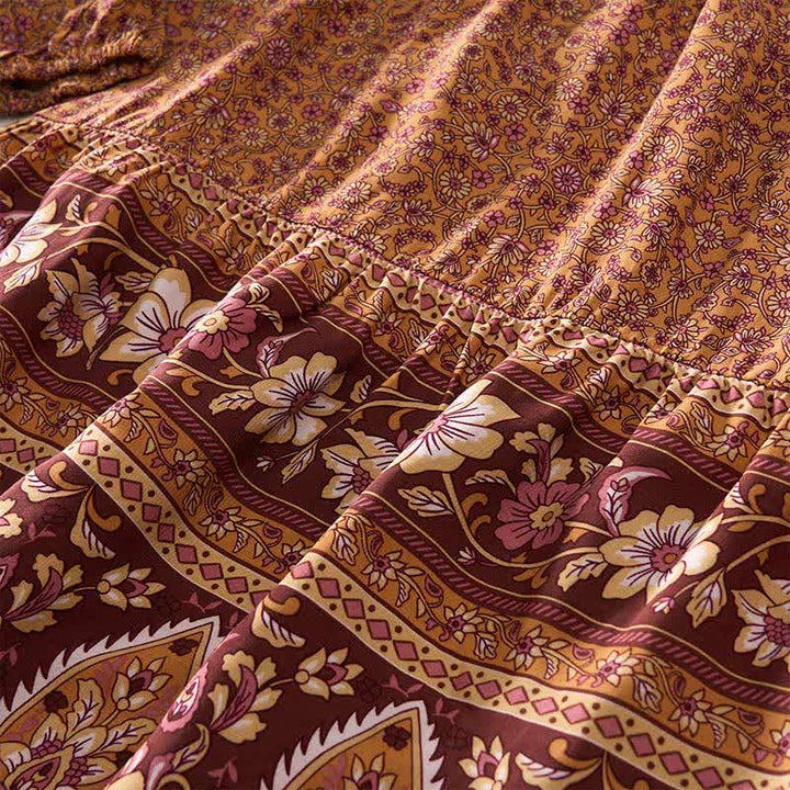 Buddha Stones Fall Boho Floral Paisley Cotton Bracelet Sleeve Women's Mini Dress with Puff Sleeves and Tie Neck - image 10