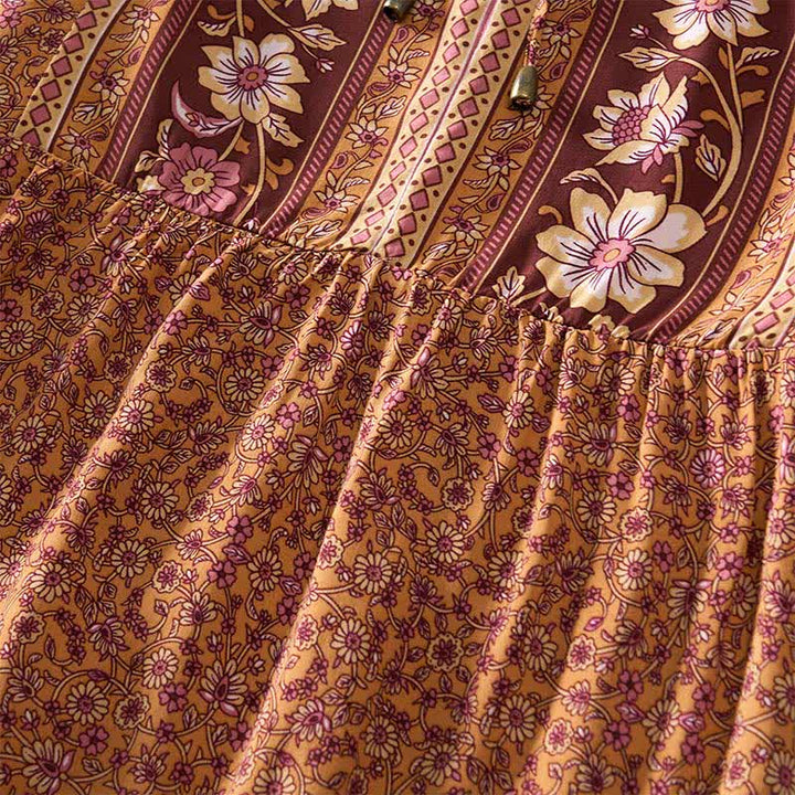 Buddha Stones Fall Boho Floral Paisley Cotton Bracelet Sleeve Women's Mini Dress with Puff Sleeves and Tie Neck - image 9