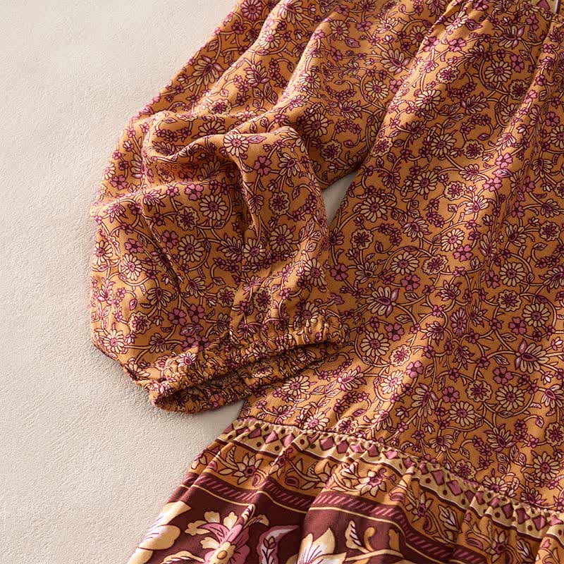 Buddha Stones Fall Boho Floral Paisley Cotton Bracelet Sleeve Women's Mini Dress with Puff Sleeves and Tie Neck - image 8
