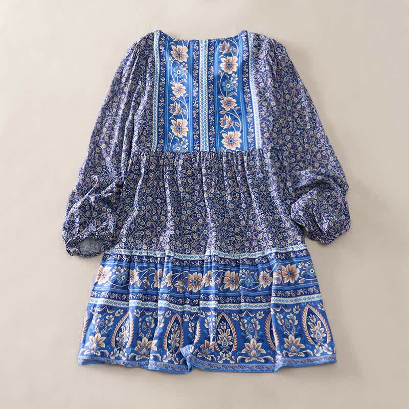 Buddha Stones Fall Boho Floral Paisley Cotton Bracelet Sleeve Women's Mini Dress with Puff Sleeves and Tie Neck - RoyalBlue - US2，UK/AU6，EU34 (S) - image 1