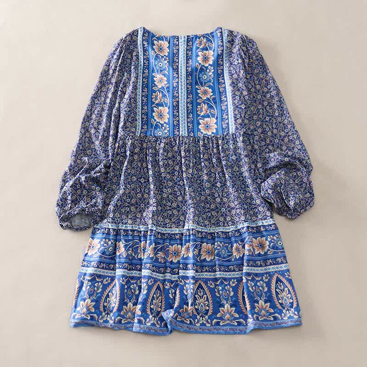 Buddha Stones Fall Boho Floral Paisley Cotton Bracelet Sleeve Women's Mini Dress with Puff Sleeves and Tie Neck - RoyalBlue - US2，UK/AU6，EU34 (S) - image 1