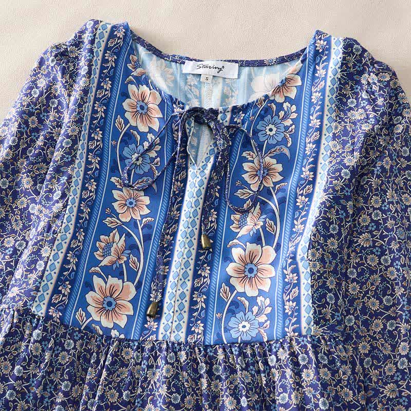 Buddha Stones Fall Boho Floral Paisley Cotton Bracelet Sleeve Women's Mini Dress with Puff Sleeves and Tie Neck - image 2