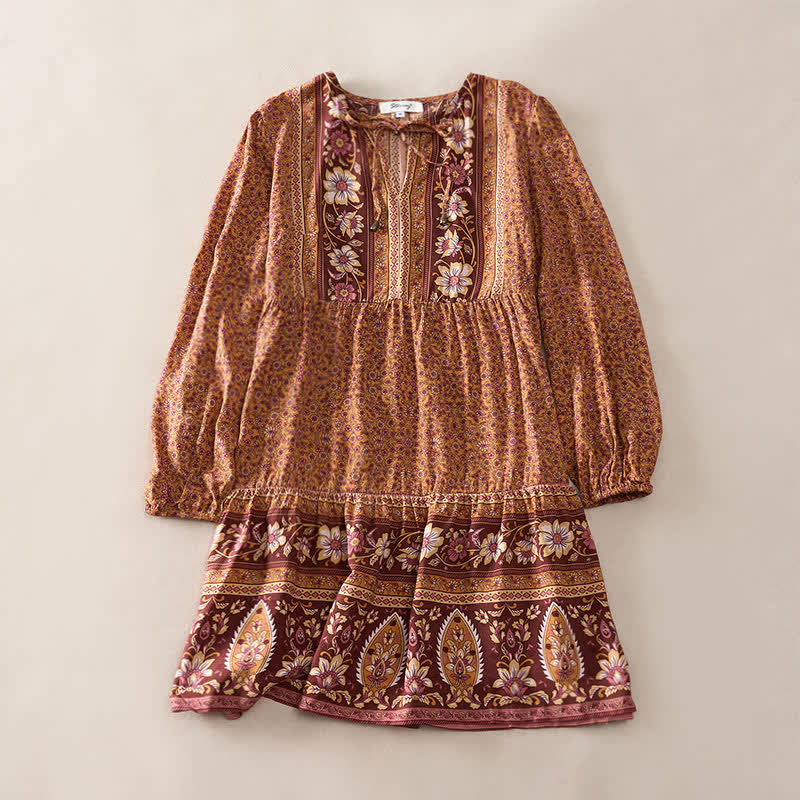 Buddha Stones Fall Boho Floral Paisley Cotton Bracelet Sleeve Women's Mini Dress with Puff Sleeves and Tie Neck - Peru - US2，UK/AU6，EU34 (S) - image 6