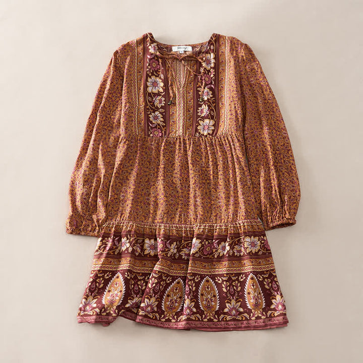 Buddha Stones Fall Boho Floral Paisley Cotton Bracelet Sleeve Women's Mini Dress with Puff Sleeves and Tie Neck - Peru - US2，UK/AU6，EU34 (S) - image 6