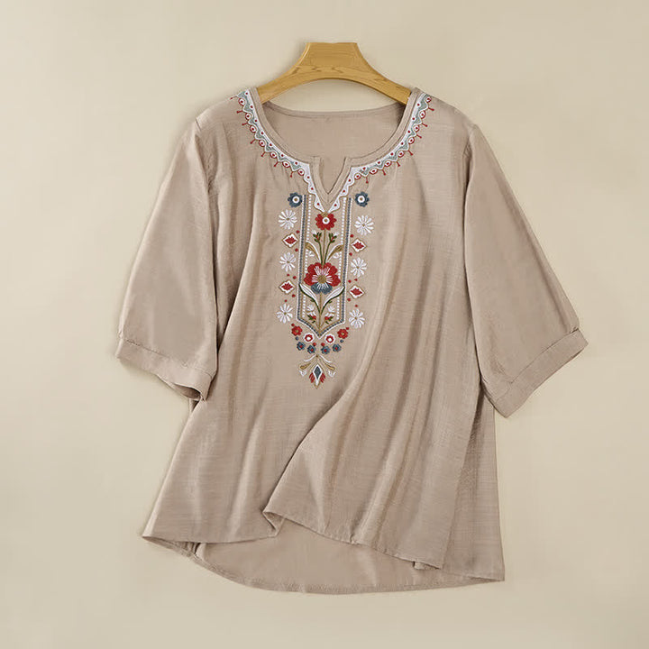 Buddha Stones Spring Boho Embroidered Elbow-Length Sleeve Women's T-Shirts - DarkKhaki - US16，UK/AU20，EU48 (3XL) - image 18
