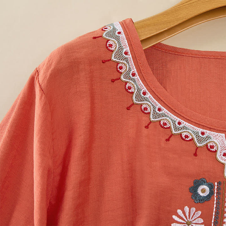 Buddha Stones Spring Boho Embroidered Elbow-Length Sleeve Women's T-Shirts - image 3