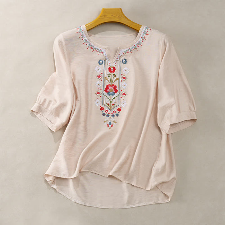 Buddha Stones Spring Boho Embroidered Elbow-Length Sleeve Women's T-Shirts - Beige - US16，UK/AU20，EU48 (3XL) - image 13