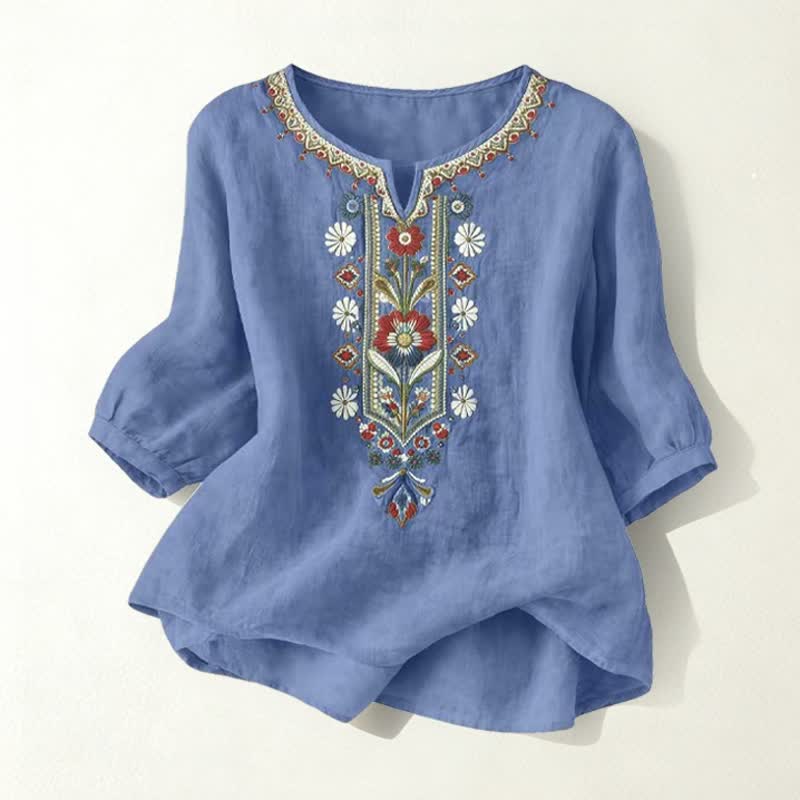 Buddha Stones Spring Boho Embroidered Elbow-Length Sleeve Women's T-Shirts - DenimBlue - US16，UK/AU20，EU48 (3XL) - image 26