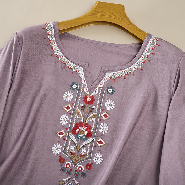 Buddha Stones Spring Boho Embroidered Elbow-Length Sleeve Women's T-Shirts - image 9