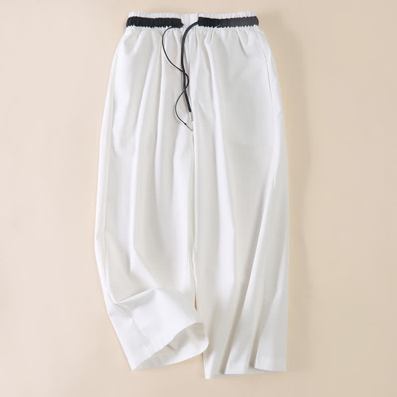 Buddha Stones Commute Drawstring Cotton Cropped Women's Wide Leg Pants With Pockets - White - US12，UK/AU16，EU44 (3XL) - image 0