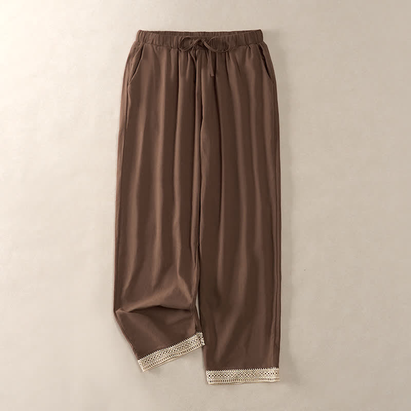 Buddha Stones Summer Lace-trimmed Hem Solid Color Women's Tapered Pants With Pockets - SaddleBrown - US14，UK/AU18，EU46 (2XL) - image 0