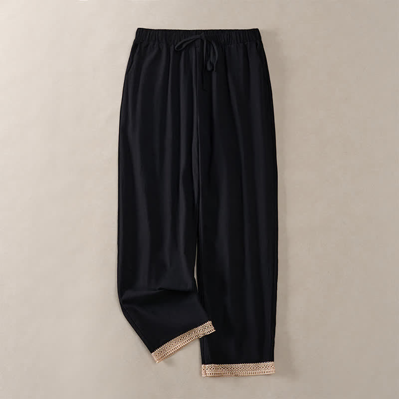 Buddha Stones Summer Lace-trimmed Hem Solid Color Women's Tapered Pants With Pockets - Black - US14，UK/AU18，EU46 (2XL) - image 16