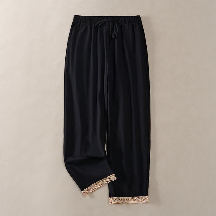 Buddha Stones Summer Lace-trimmed Hem Solid Color Women's Tapered Pants With Pockets - Black - US14，UK/AU18，EU46 (2XL) - image 16