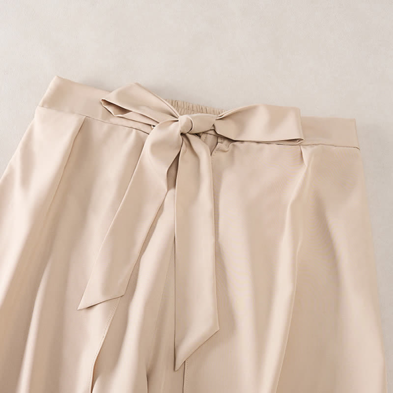 Buddha Stones Elegant Plain Side-Slit Drawstring Bow Design High Waist Women's Wide Leg Pants - image 7