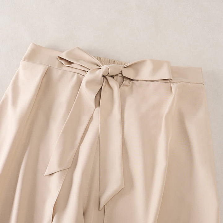 Buddha Stones Elegant Plain Side-Slit Drawstring Bow Design High Waist Women's Wide Leg Pants - image 7