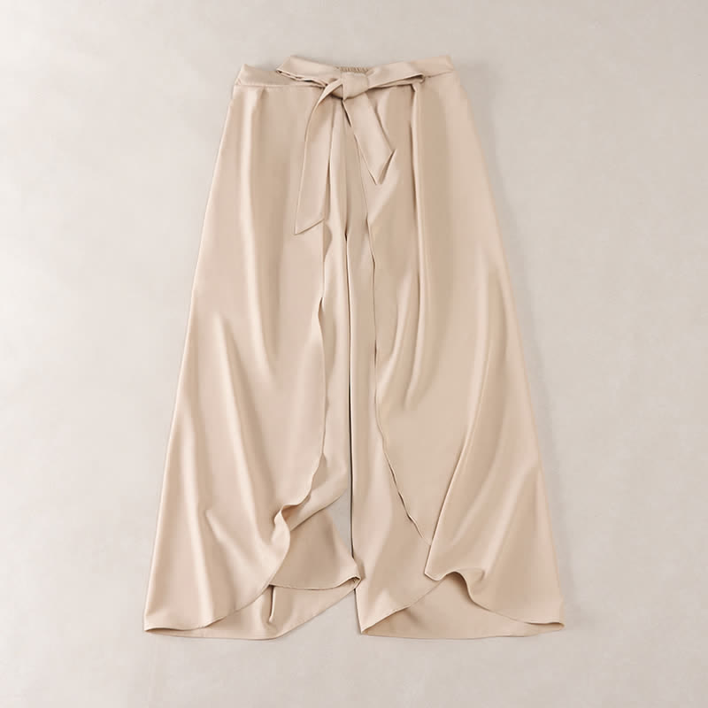 Buddha Stones Elegant Plain Side-Slit Drawstring Bow Design High Waist Women's Wide Leg Pants - Bisque - US16，UK/AU20，EU48 (3XL) - image 6