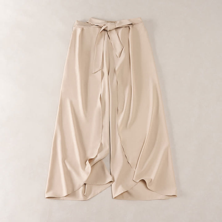 Buddha Stones Elegant Plain Side-Slit Drawstring Bow Design High Waist Women's Wide Leg Pants - Bisque - US16，UK/AU20，EU48 (3XL) - image 6