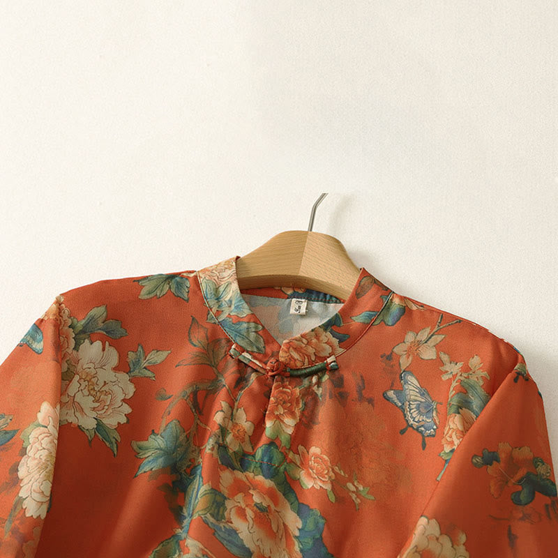 Buddha Stones Stand Collar Frog-Button Floral Print Pattern Short Sleeve Mini Dress - image 10