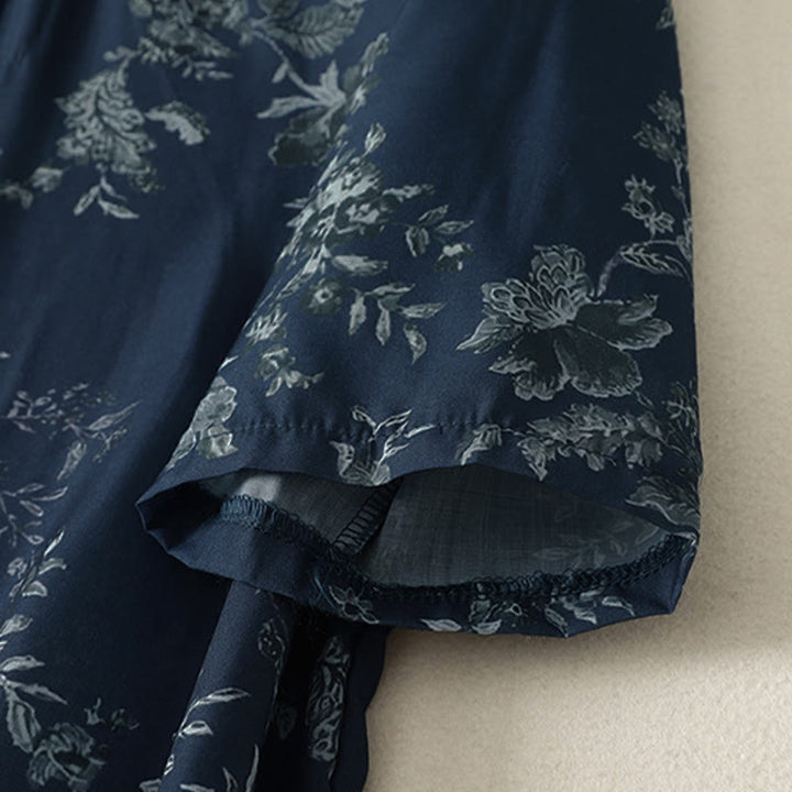 Buddha Stones Stand Collar Frog-Button Floral Print Pattern Short Sleeve Mini Dress - image 6