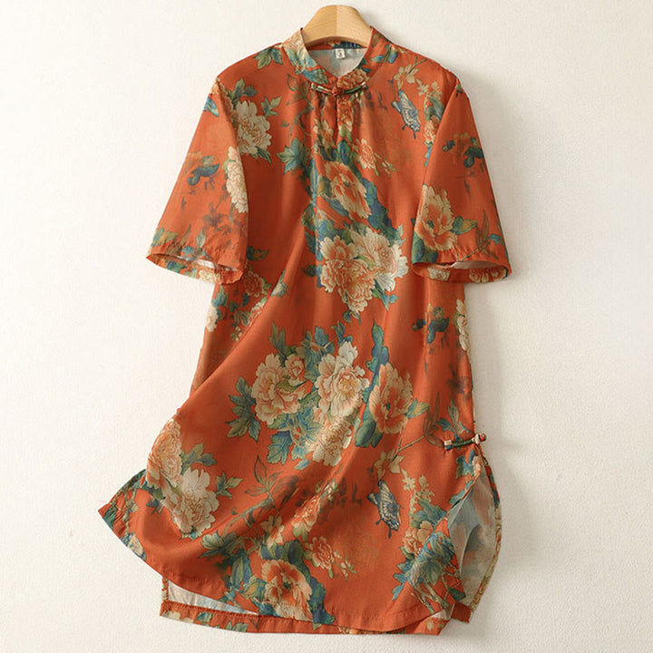 Buddha Stones Stand Collar Frog-Button Floral Print Pattern Short Sleeve Mini Dress - OrangeRed - US12，UK/AU16，EU44 (2XL) - image 8