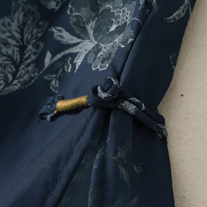 Buddha Stones Stand Collar Frog-Button Floral Print Pattern Short Sleeve Mini Dress - image 5