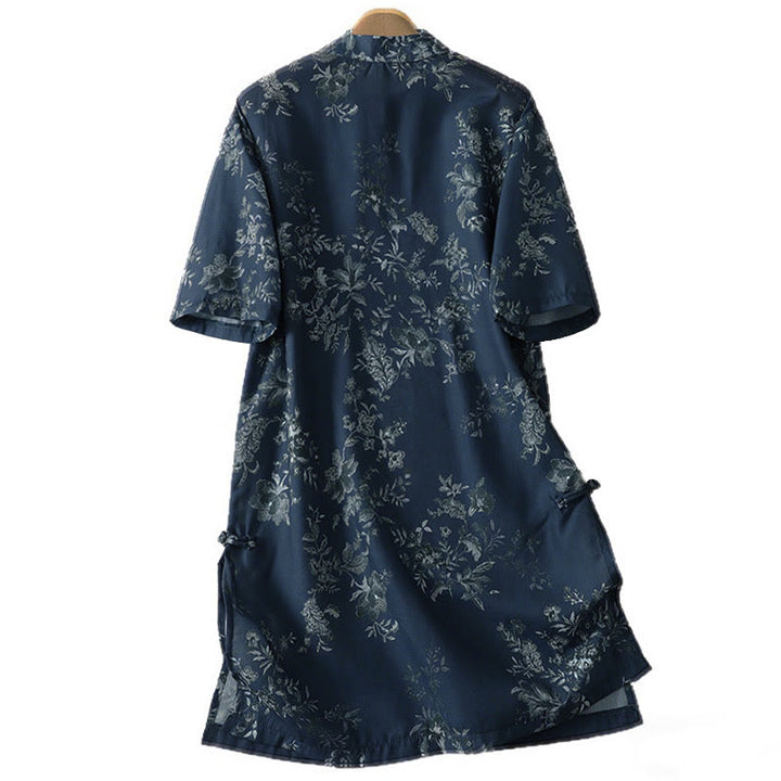 Buddha Stones Stand Collar Frog-Button Floral Print Pattern Short Sleeve Mini Dress - image 2