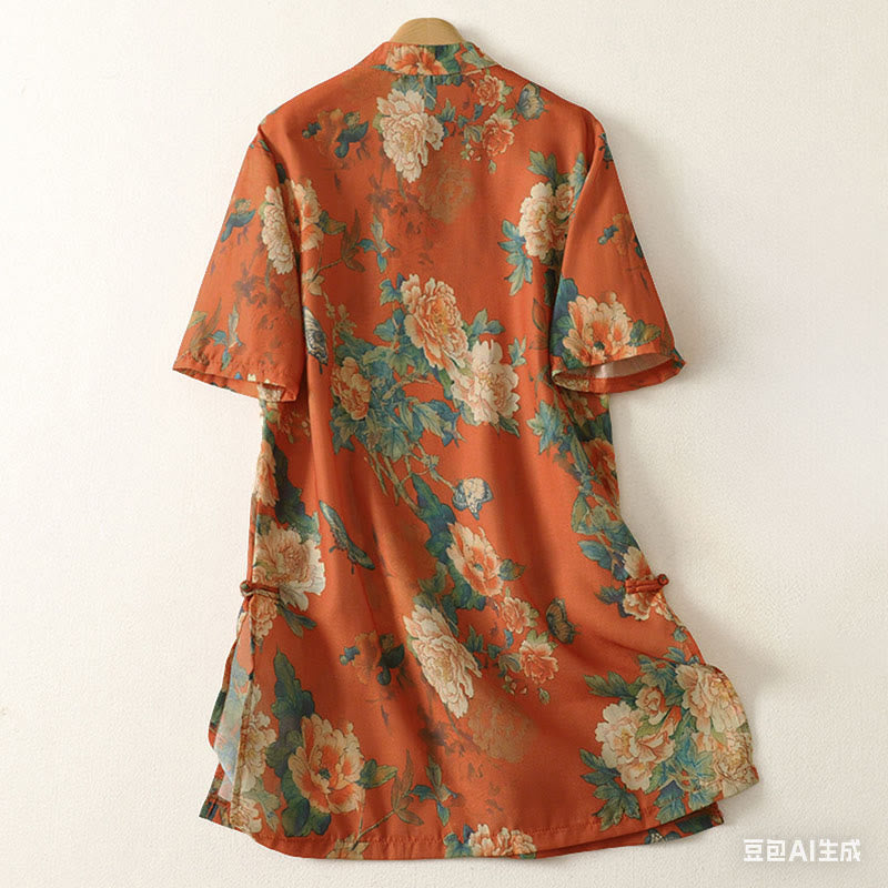 Buddha Stones Stand Collar Frog-Button Floral Print Pattern Short Sleeve Mini Dress - image 9