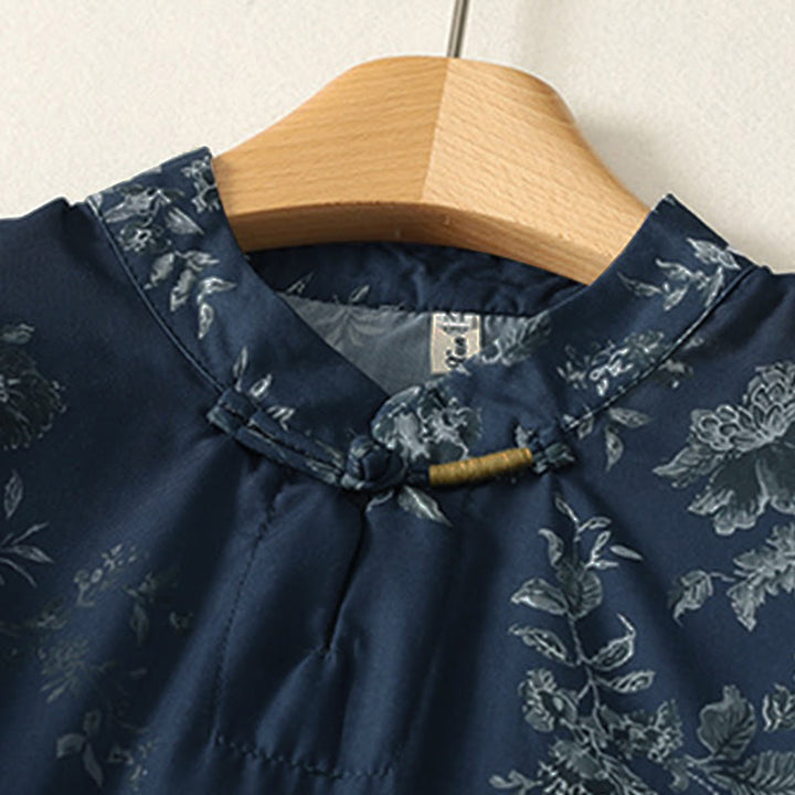 Buddha Stones Stand Collar Frog-Button Floral Print Pattern Short Sleeve Mini Dress - image 3