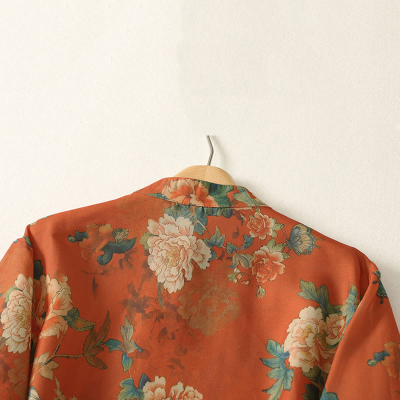 Buddha Stones Stand Collar Frog-Button Floral Print Pattern Short Sleeve Mini Dress - image 11