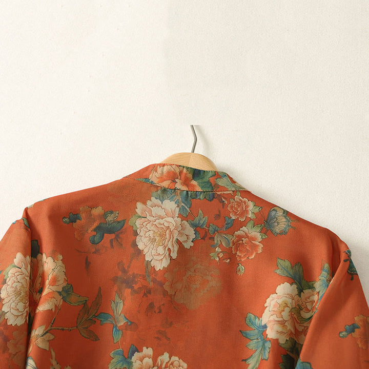 Buddha Stones Stand Collar Frog-Button Floral Print Pattern Short Sleeve Mini Dress - image 11