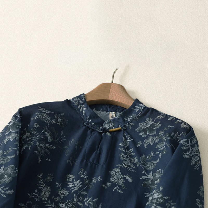 Buddha Stones Stand Collar Frog-Button Floral Print Pattern Short Sleeve Mini Dress - image 4